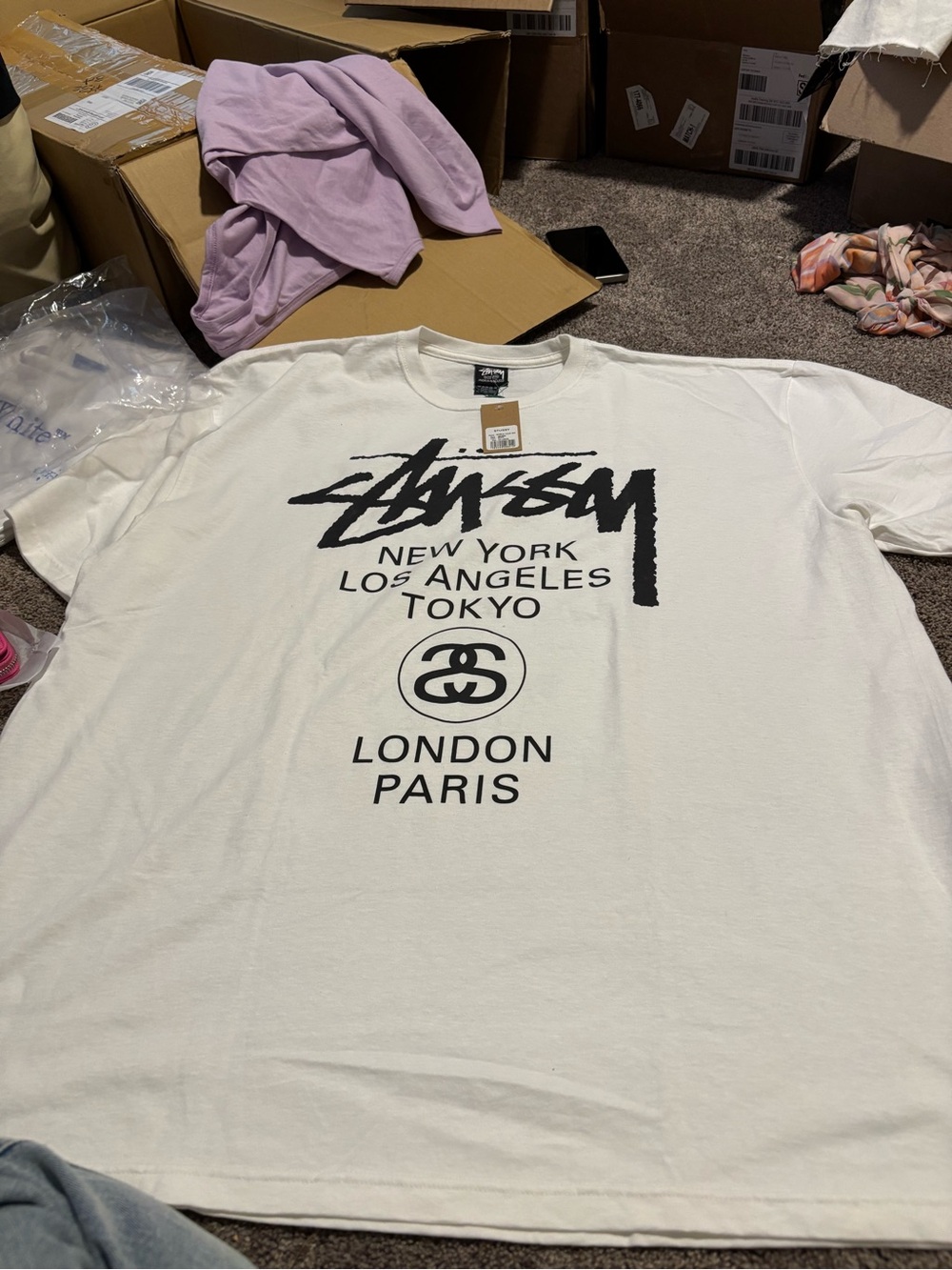 Stussy White Graphic Logo Tee with Black Print